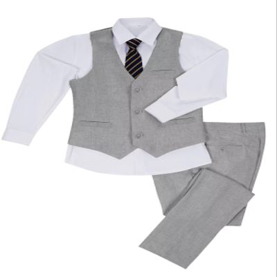 Boys Linen Suit Kids Formal Wedding Grey Tuxedo Dress Suits for Teen Boys Vest and Pants Set with Tie Size 14