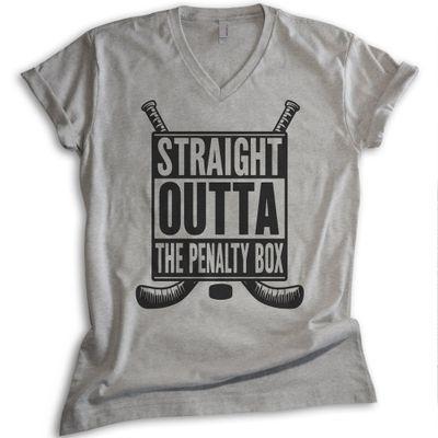 EVERTREE CLOTHING Straight Outta The Penalty Box Hockey V-Neck T-Shirt, Unisex Men's Funny Ice Hockey Mom Dad Canada, Dark Heather Gray, Small