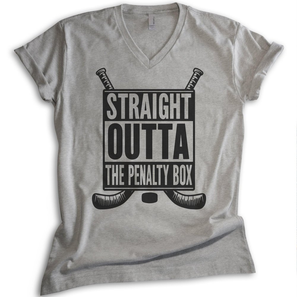 EVERTREE CLOTHING Straight Outta The Penalty Box Hockey V-Neck T-Shirt, Unisex Men's Funny Ice Hockey Mom Dad Canada, Dark Heather Gray, Small