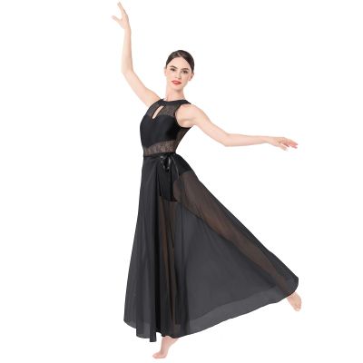 AFAVOM Women Lyrical Dance Costume Adult Elegant Modern Contemporary Dance Dress Lace Ballet Leotard + Long Maxi Split Sheer Wrap Skirt Outfit Ballroom Lyrical Dancewear Tulle Flowy Dress Black XS