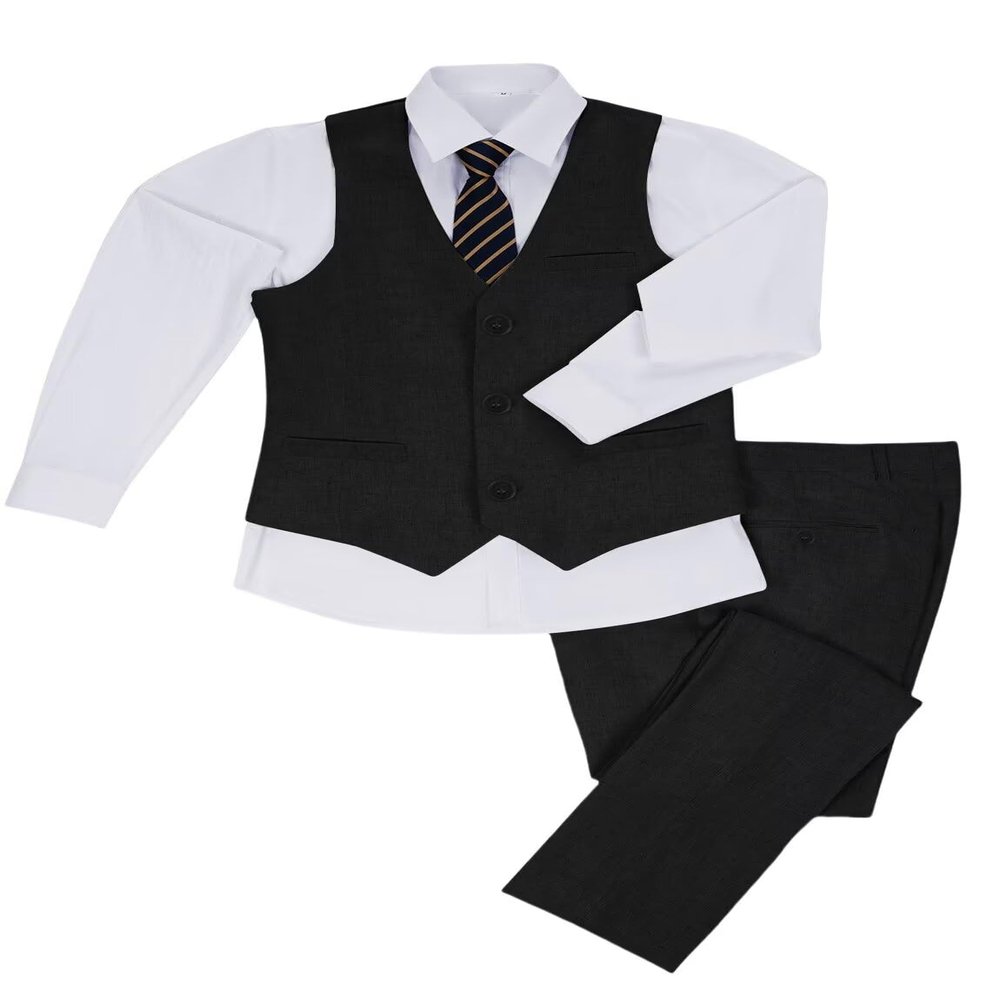 Boys Linen Suit Summer Black Vest Suits for Boy 3 Piece Slim Fit Kids Tuxedo Beach Wedding Outfit Linen Suit Vest Pants Set Size 5