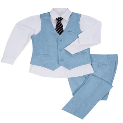 Boys Suits Slim Fit Toddler Tuxedo Linen Suit Set for Teen Boys Communion Dress Clothes Summer Kids Wedding Outfit Size 18 Blue