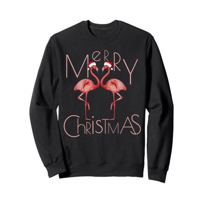 Cute Pink Flamingos Santa Hat Merry Christmas Holiday Sweatshirt