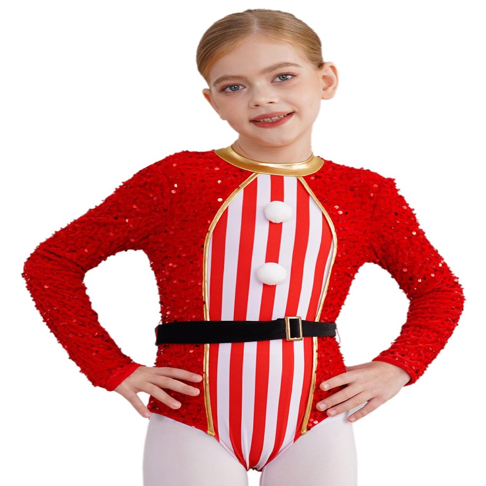 Lorilida Girls Dance Figure Skating Leotard Gymnastics Bodysuit Jumpsuit Christmas Candy Cane Costume Red 8 Years