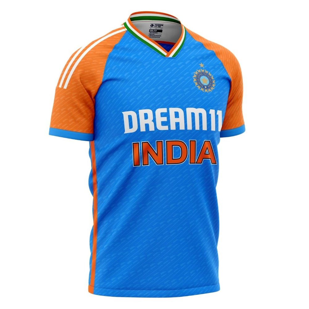 India ICC ODI T20 World Cup Cricket Fan Jersey - Perfect for Fans of All Ages - Advanced 100% Dryfit Polyester (India T20 Blue Orange 2024 with Name - 38-Small)