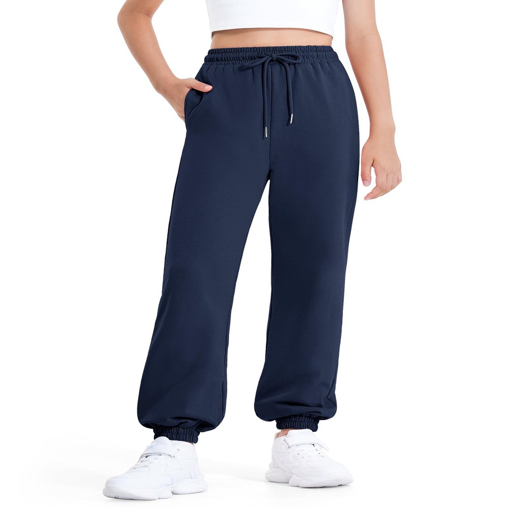 BOOPH Girls Sweatpants Kids Cotton Drawstring Joggers Athletic Pants with Pockets for Teen Girls Navy Blue 11-12 Years
