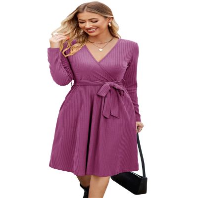Newshows Womens 2025 Fall Dresses Teacher Church Business Casual Work Outfits Knit Midi Sweater Pockets Belt Dress(Purplish Red, XL)