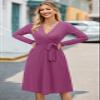 Newshows Womens 2025 Fall Dresses Teacher Church Business Casual Work Outfits Knit Midi Sweater Pockets Belt Dress(Purplish Red, XL) view 3