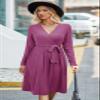 Newshows Womens 2025 Fall Dresses Teacher Church Business Casual Work Outfits Knit Midi Sweater Pockets Belt Dress(Purplish Red, XL) view 4