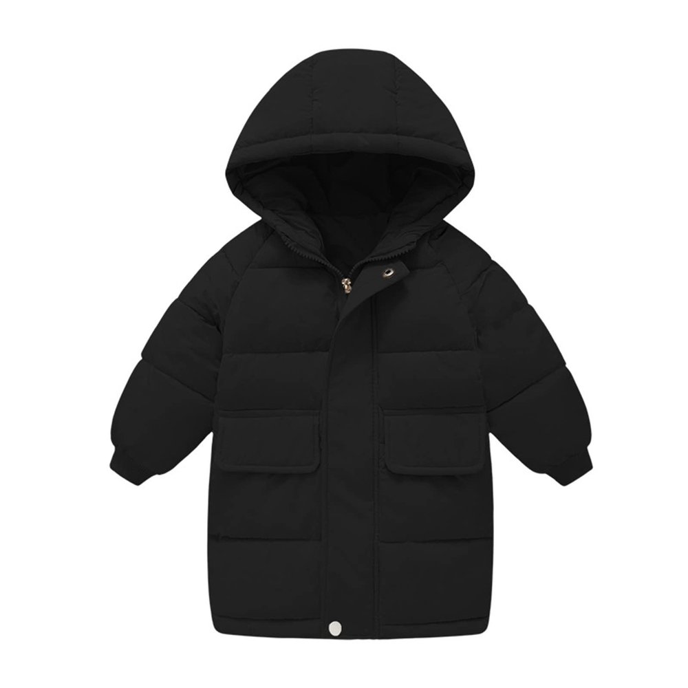 Youth Winter Coat Long Puffer Jacket Kids Boys Girls Heavyweight Down Jacket with Hood Solid Thicken (Black, 4-5 Years)