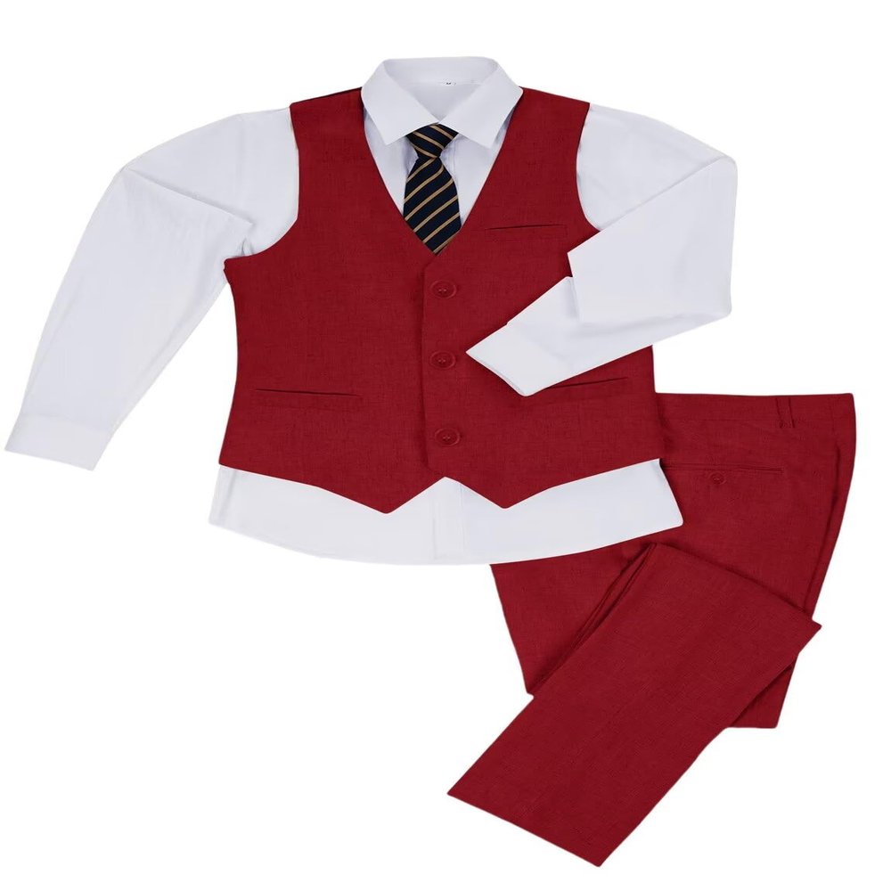 Boys Linen Vest and Pants Suit Set 3 Pieces Slim Fit Formal Wedding Outfit Red Tuxedo Dress Suits with Tie Size 16