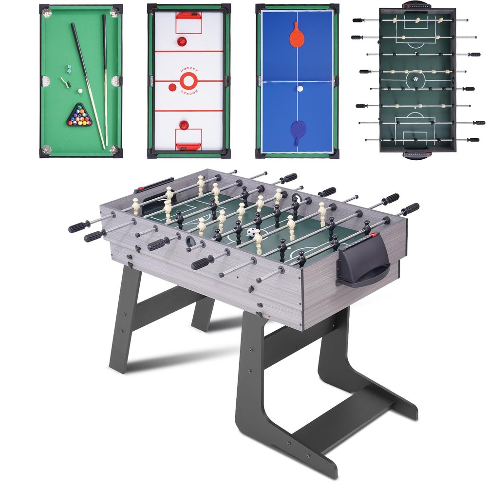 54" 4-in-1 Multi Game Table, Foldable Combo Game Table Set with Ping Pong, Hockey, Pool Billiards and Foosball for Adults, Home, Game Room, Friends & Family