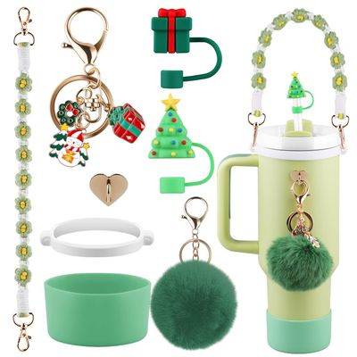 Christmas Accessories Set for Stanley Cup,Water Bottle Handle Strap, Siliocne Boot, Cute Straw Cover, Xmas Charms, Straw Topper for Stanley Cup 40oz & 30oz Tumbler 8 Pcs (Green)