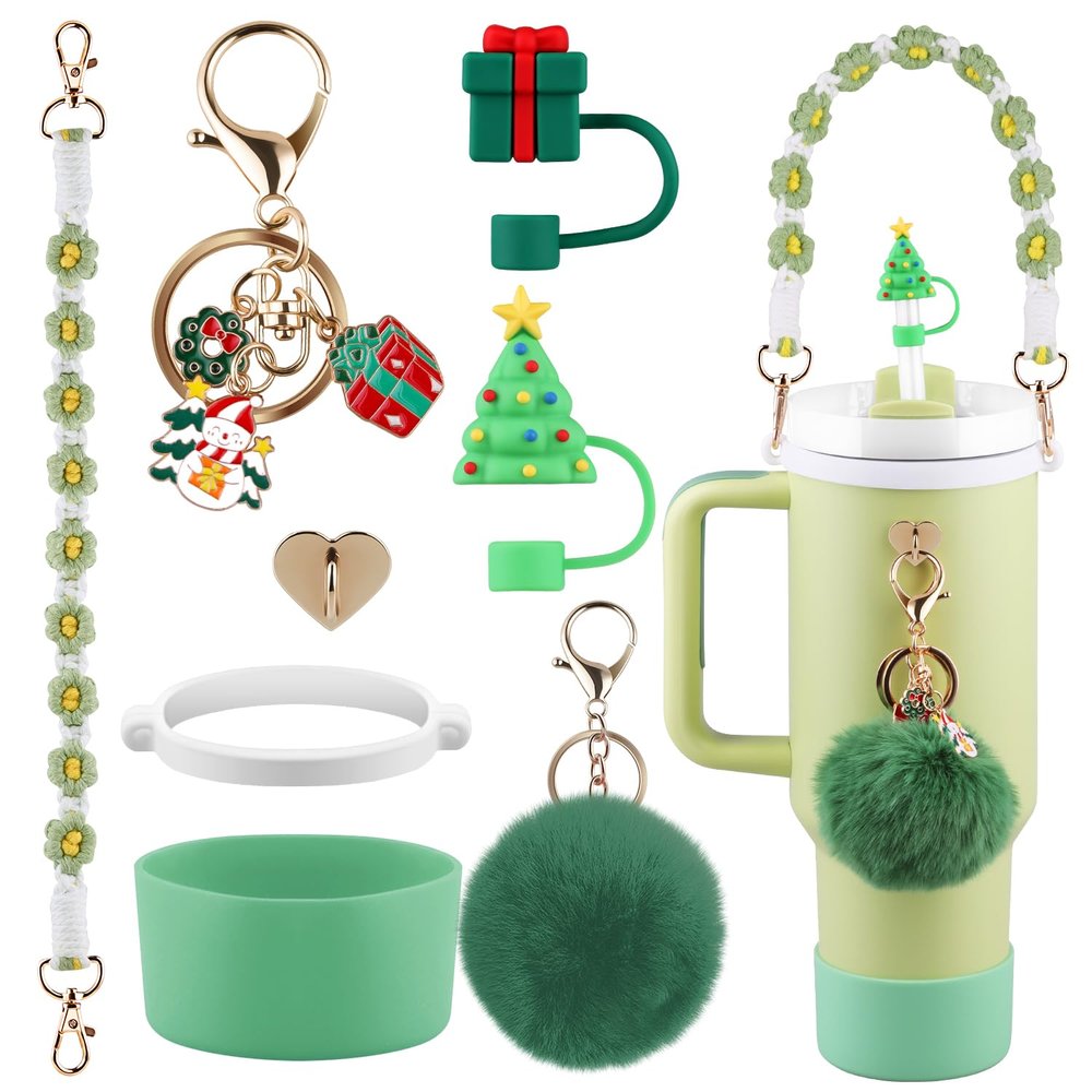 Christmas Accessories Set for Stanley Cup,Water Bottle Handle Strap, Siliocne Boot, Cute Straw Cover, Xmas Charms, Straw Topper for Stanley Cup 40oz & 30oz Tumbler 8 Pcs (Green)