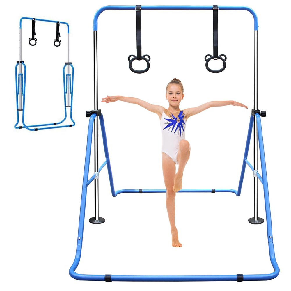 Anwick Expandable Gymnastics Bar for Kids, Folding Training Kip Bar, Adjustable Height, Gymnastics Horizontal Bars Equipment with Rings for Home, Indoor Gym (Blue)