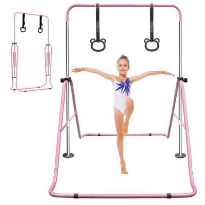 Anwick Expandable Gymnastics Bar for Kids, Folding Training Kip Bar, Adjustable Height, Gymnastics Horizontal Bars Equipment with Rings for Home, Indoor Gym (Pink)