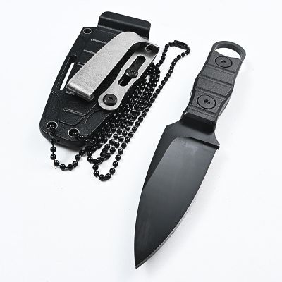 Survival MINI Pocket Knife, Full Tang Tactical Fixed Blade w/Kydex Sheath Necklace, Good for Camping Hiking, Fishing Hunting, Black