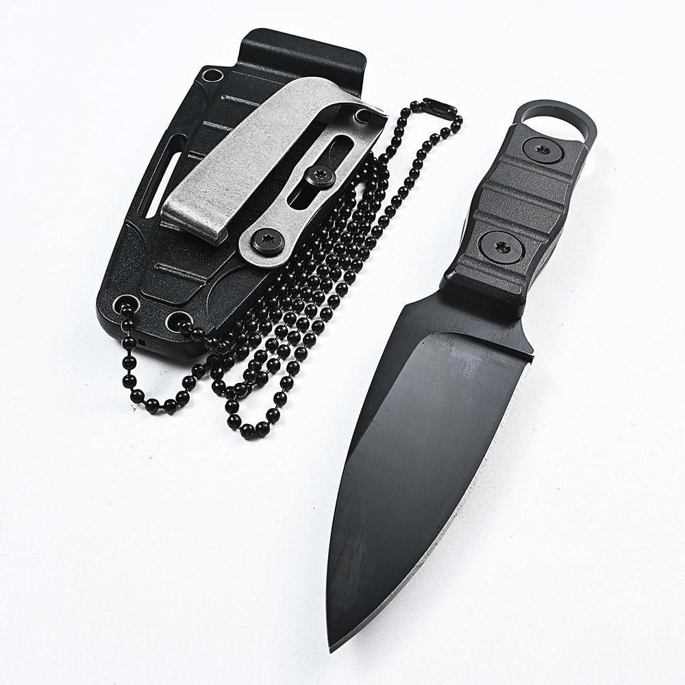Survival MINI Pocket Knife, Full Tang Tactical Fixed Blade w/Kydex Sheath Necklace, Good for Camping Hiking, Fishing Hunting, Black