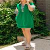 chouyatou Women's Summer V-Neck Polo Collared Mini Dress Loose Casual Striped Splicing T-Shirt Dress (Medium, Green) view 2