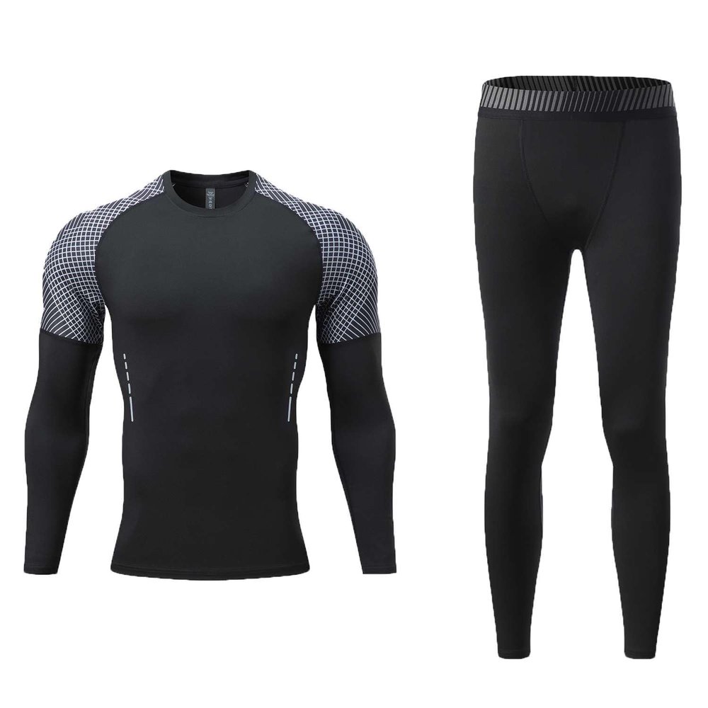 Echinodon Kids Base Layer Sets Boys Compression Athletic Underwear Sports Shirt Tights Top & Bottom Set Black B M
