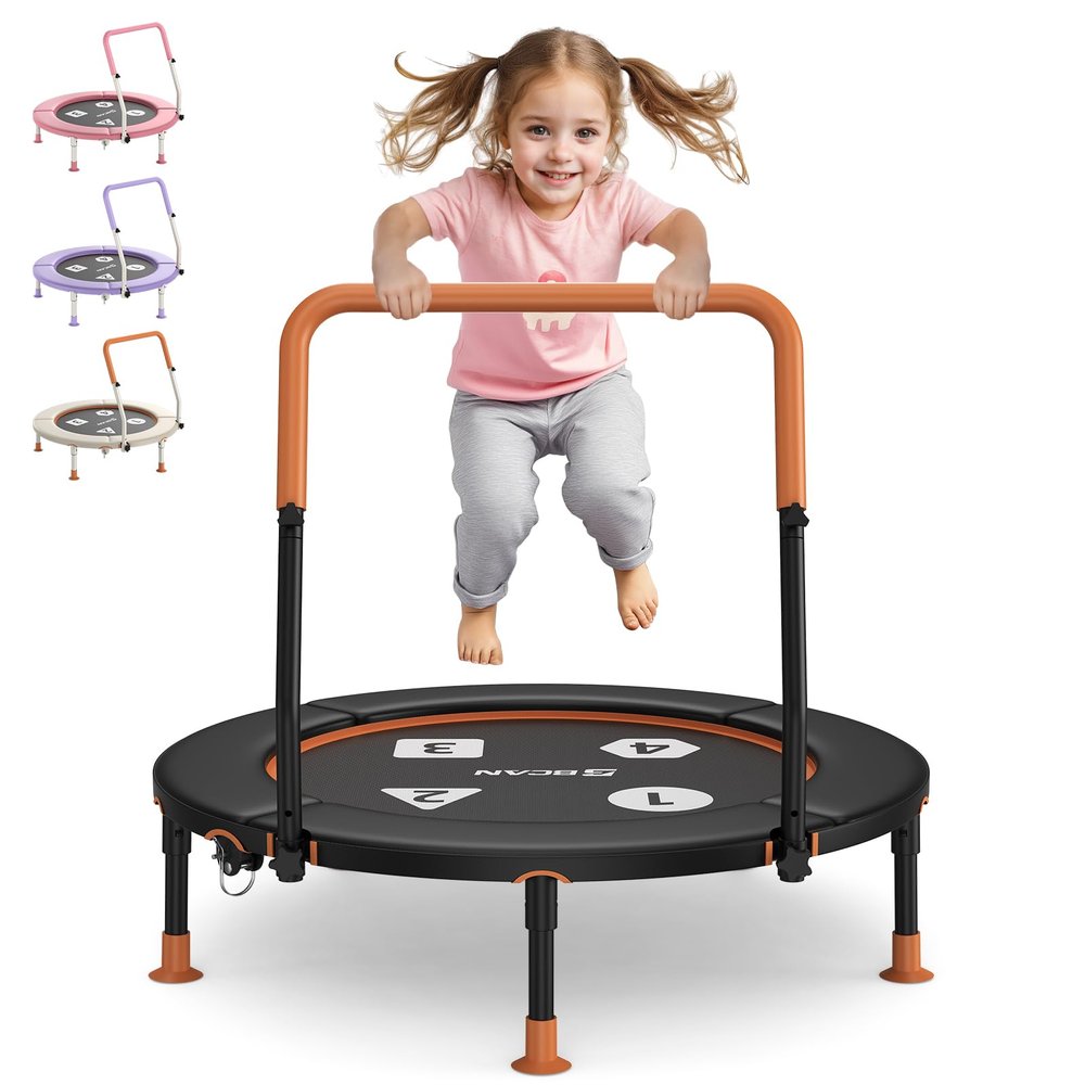 BCAN 36'' Toddler Trampoline, ASTM Certified-Foldable Mini Trampolines for Kids Ages 1-6, Adjustable Handle, Safety Pad & Foldable Legs, Baby Trampoline Indoor/Garden, Gift for Boy and Girl, Black