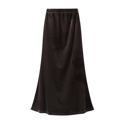 Beeblily Womens Winter Velvet Elegant Long Skirt Stretch High Waist Maxi Skirt Brown L