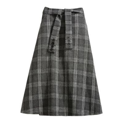 ebossy Women's Vintage Plaid Skirt Stretch High Waist Tie Front A-line Pleated Long Skirt with Pockets (XL, Grey)