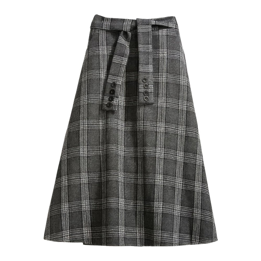 ebossy Women's Vintage Plaid Skirt Stretch High Waist Tie Front A-line Pleated Long Skirt with Pockets (XL, Grey)