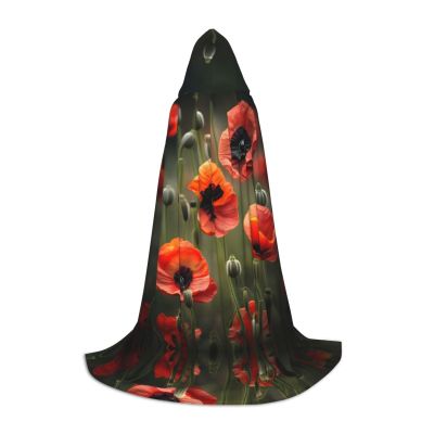 NOUZU Poppy Flowers Print Hooded Cape,Robe-Hooded Cap Cloak,Unisex Hooded Cloak For Halloween Cosplay Costumes