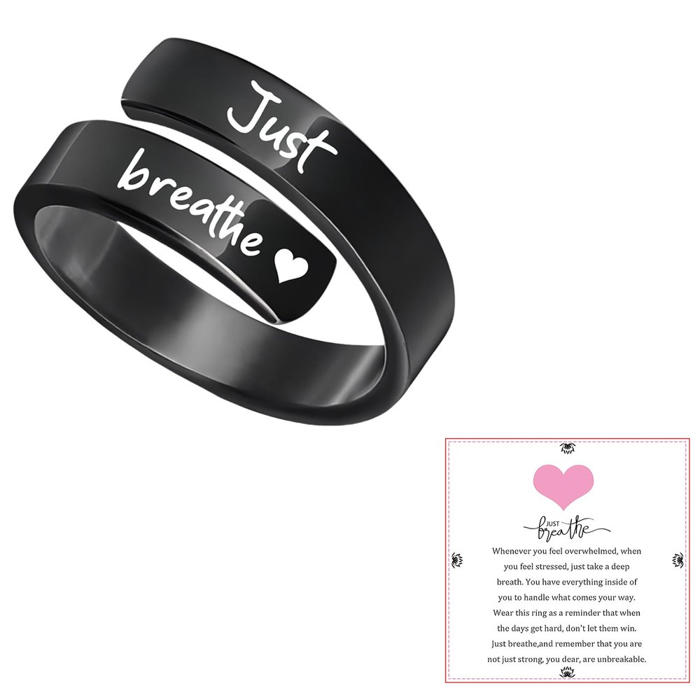 LKingel Just Breathe Rings for Women 304 Stainless Steel Inspirational Jewelry Rings Spiral Healing Rings Adjustable Love Lotus Just Breathe Ring Inspirational & Heartfelt Rings (Heart, Black)