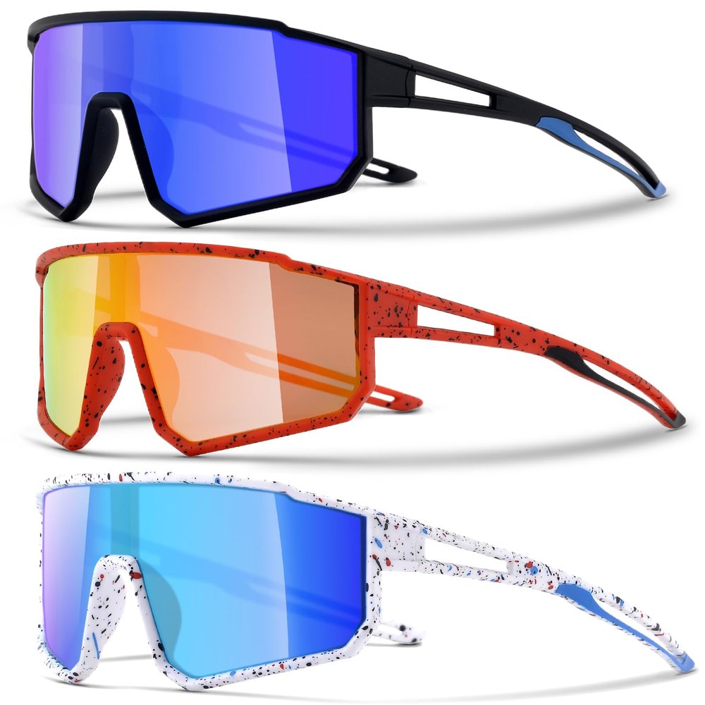 CMBJJU 3PACK Kids Sunglasses,Youth Baseball Glasses,Cycling Goggles for 6-14 Boys Girls,UV400 Protection (3pcs-Black Blue+Red Yellow+White Blue-K04)