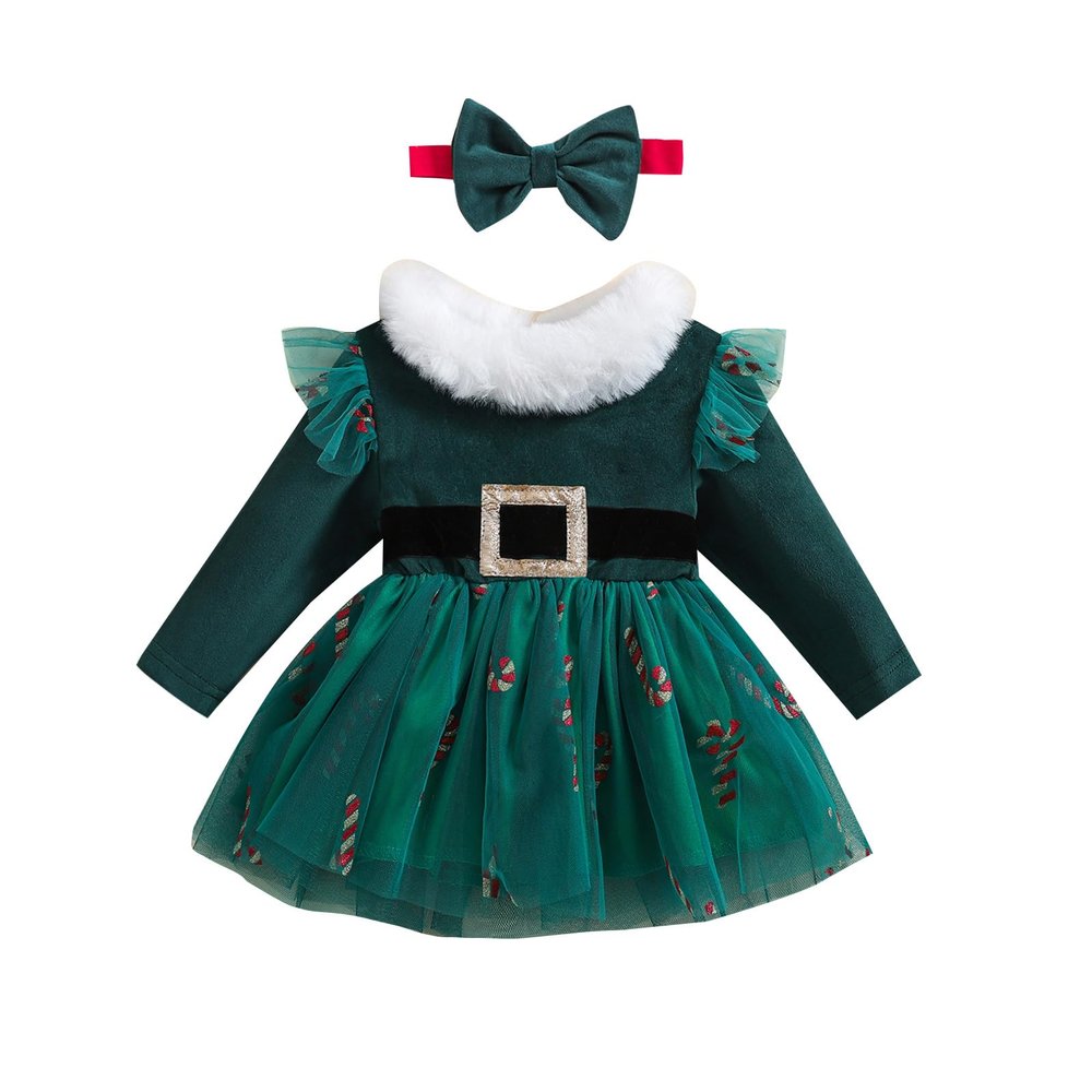 BeQeuewll Baby Girl Christmas Outfit Red Green Dress Long Sleeve Velvet Party Tulle Dress Toddler Christmas Clothes Winter (Candy Cane Green, 3-6 Months)