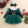 BeQeuewll Baby Girl Christmas Outfit Red Green Dress Long Sleeve Velvet Party Tulle Dress Toddler Christmas Clothes Winter (Candy Cane Green, 3-6 Months) view 2