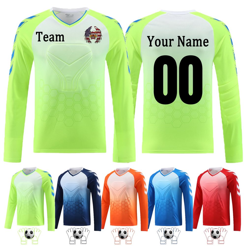 Custom Goalie Long Sleeve Shirt Elbow Padded Youth Adult Soccer Goalkeeper Shirt Padded Personalized Name Number Team Logo Fluorescent Green