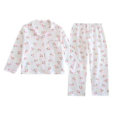 codcm Womens Cotton Gauze Pajama Set Floral Print 2 Piece Pjs Long Sleeve Button Down Sleepwear Cute Pj Sets(White Cherry,Small)