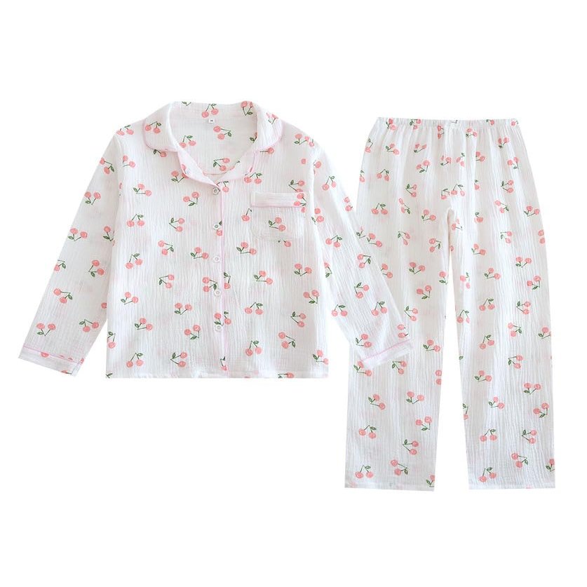 codcm Womens Cotton Gauze Pajama Set Floral Print 2 Piece Pjs Long Sleeve Button Down Sleepwear Cute Pj Sets(White Cherry,Small)