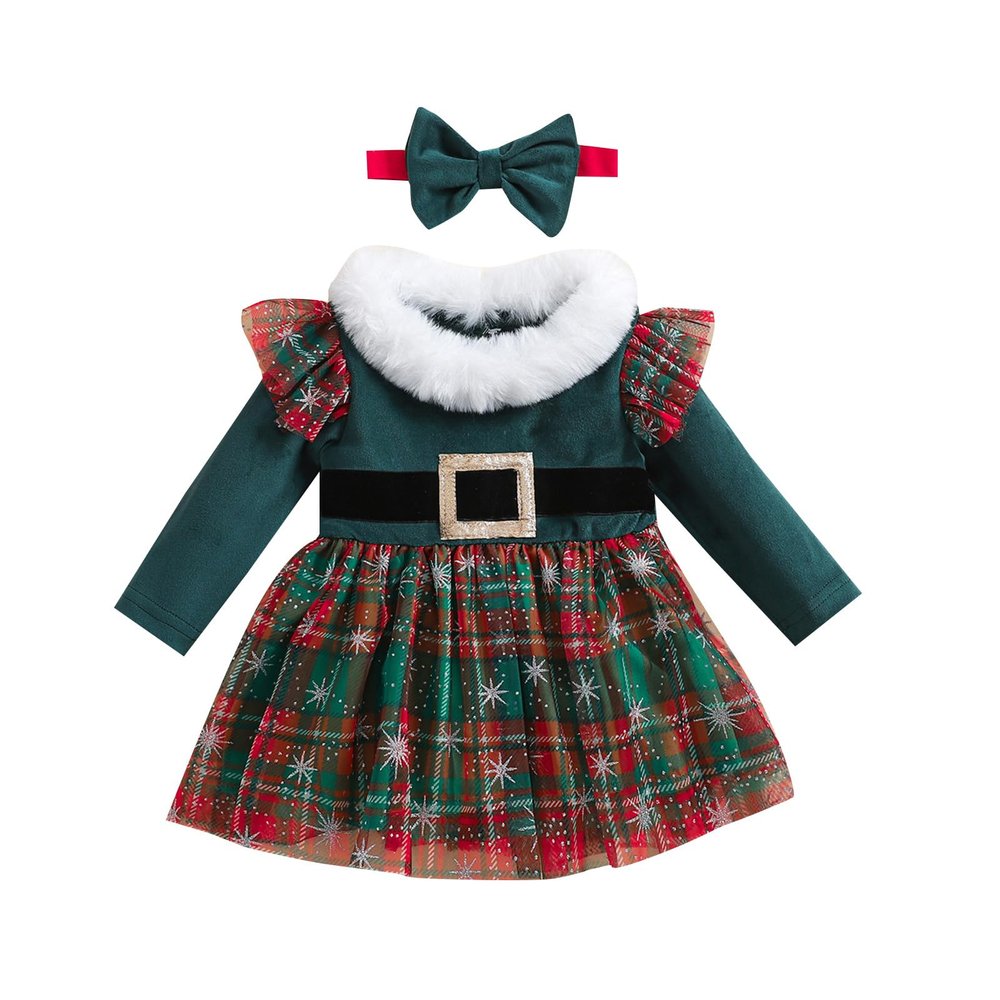 BeQeuewll Baby Girl Christmas Outfit Red Green Dress Long Sleeve Velvet Party Tulle Dress Toddler Christmas Clothes Winter (Plaid Green, 18-24 Months)