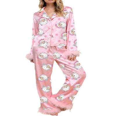 Aonoapll Women Feather Trim Pajama Set Christmas Button Down Tops Pants Lounge Sets Cute Santa 2 Piece Sleepwear Nightwear(Bright Pink,Large)