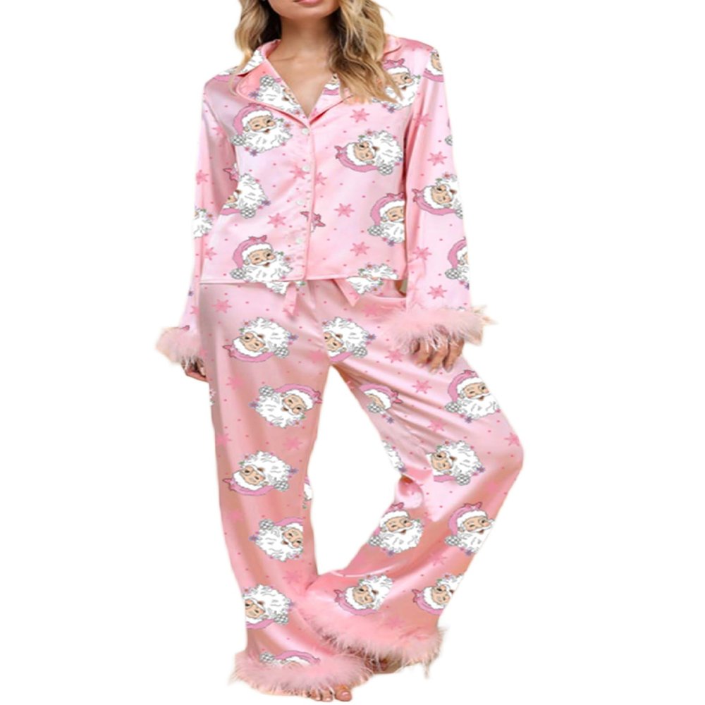 Aonoapll Women Feather Trim Pajama Set Christmas Button Down Tops Pants Lounge Sets Cute Santa 2 Piece Sleepwear Nightwear(Bright Pink,Large)