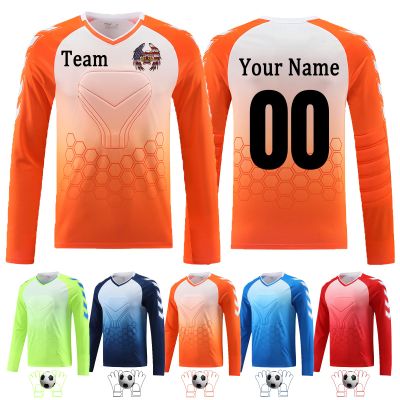 Custom Goalie Long Sleeve Shirt Elbow Padded Youth Adult Soccer Goalkeeper Shirt Padded Personalized Name Number Team Logo Orange