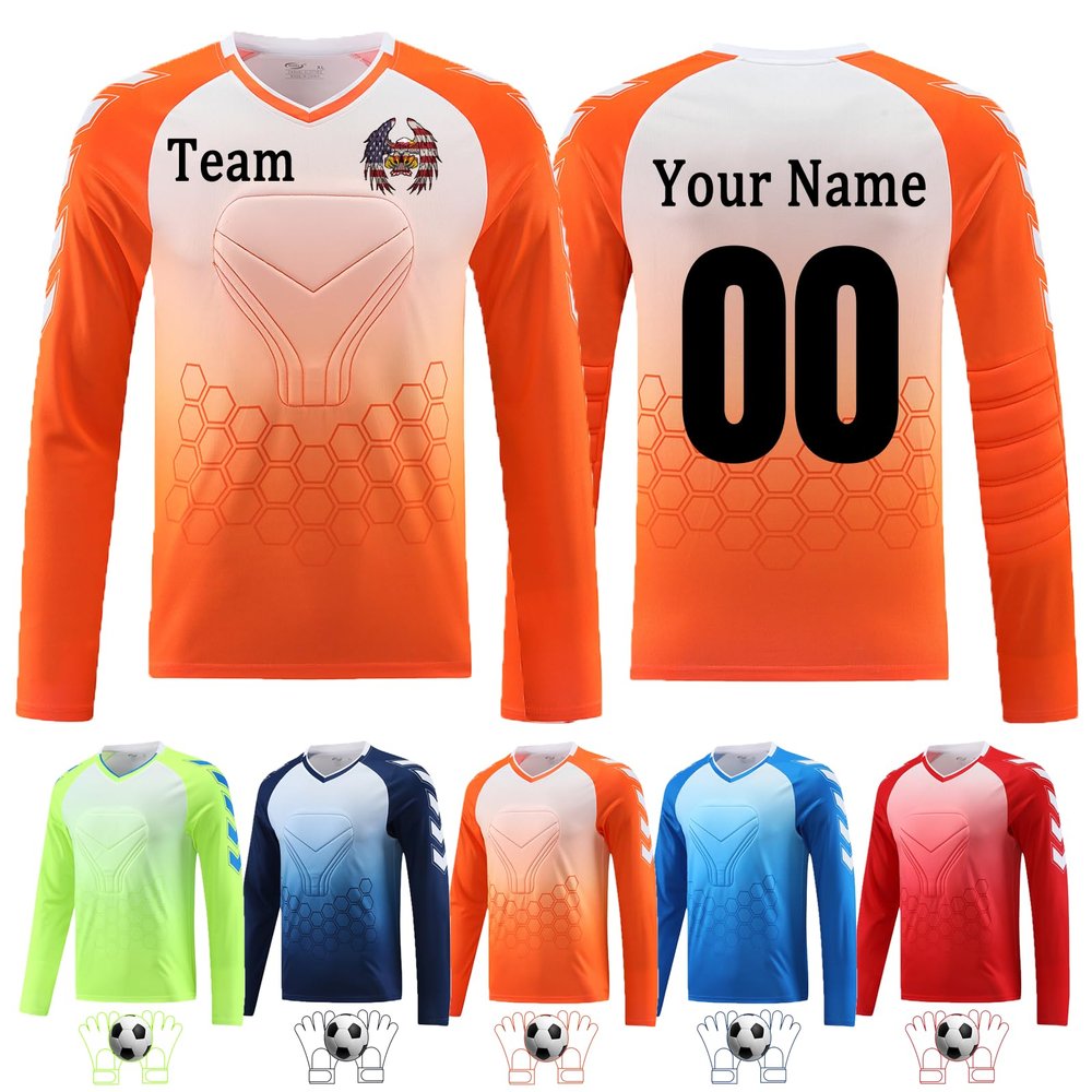 Custom Goalie Long Sleeve Shirt Elbow Padded Youth Adult Soccer Goalkeeper Shirt Padded Personalized Name Number Team Logo Orange