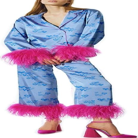 Yiulangde Cute Silk Heart Pajamas for Women Feather Trim Sexy Long Sleeve Satin Pjs Coquette Pajama Pants Outfit Lounge 2 Piece Y2k Set