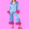 Yiulangde Cute Silk Heart Pajamas for Women Feather Trim Sexy Long Sleeve Satin Pjs Coquette Pajama Pants Outfit Lounge 2 Piece Y2k Set view 2
