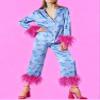 Yiulangde Cute Silk Heart Pajamas for Women Feather Trim Sexy Long Sleeve Satin Pjs Coquette Pajama Pants Outfit Lounge 2 Piece Y2k Set view 3
