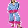 Yiulangde Cute Silk Heart Pajamas for Women Feather Trim Sexy Long Sleeve Satin Pjs Coquette Pajama Pants Outfit Lounge 2 Piece Y2k Set view 4