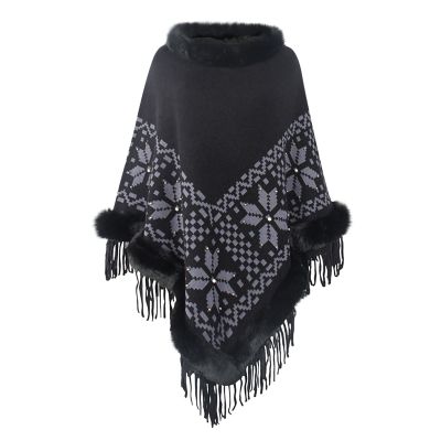 NATHGAM Women's Turtleneck Tassel Wraps Shawl Boho Faux Fur Trim Winter Poncho Sweater Oversized Embroidered Soft Cape Cloak
