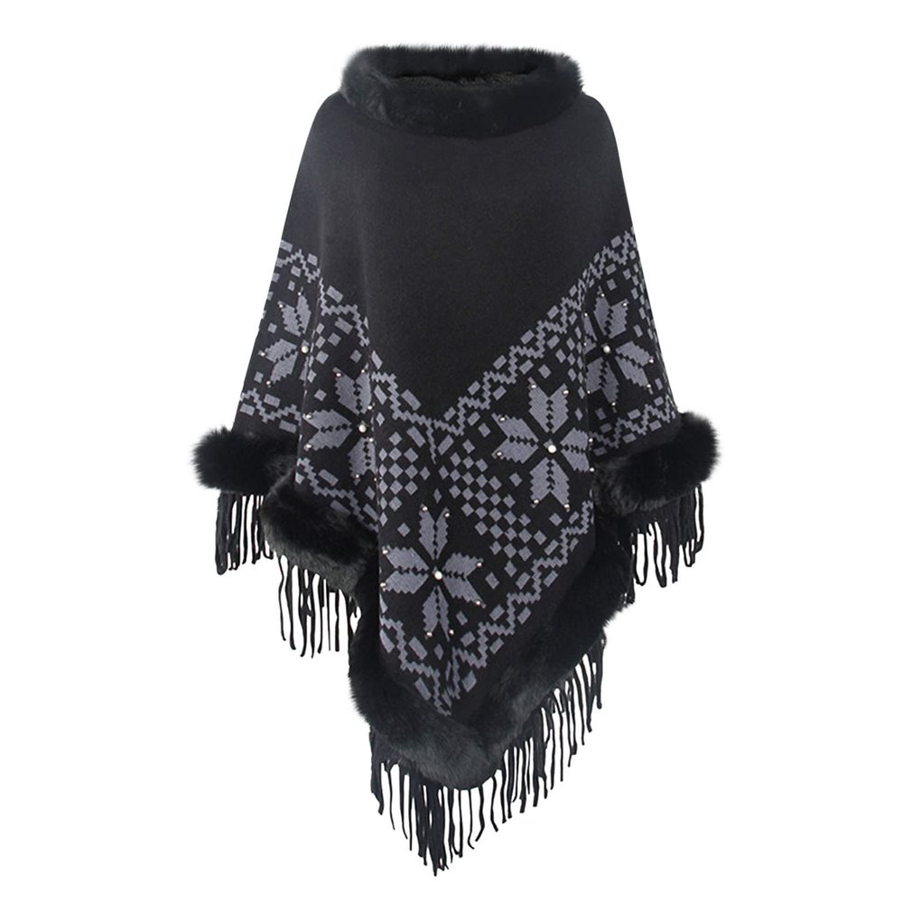 NATHGAM Women's Turtleneck Tassel Wraps Shawl Boho Faux Fur Trim Winter Poncho Sweater Oversized Embroidered Soft Cape Cloak