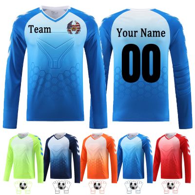 Custom Goalie Long Sleeve Shirt Elbow Padded Youth Adult Soccer Goalkeeper Shirt Padded Personalized Name Number Team Logo Bright Blue