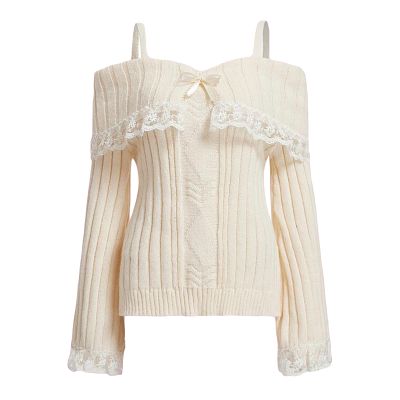 Adoeren Women Off Shoulder Sweater Cute Long Sleeve Lace Trim Knit Top Fall Fashion Y2k Knitted Pullover Jumper Fairycore(Basic Beige,XL)