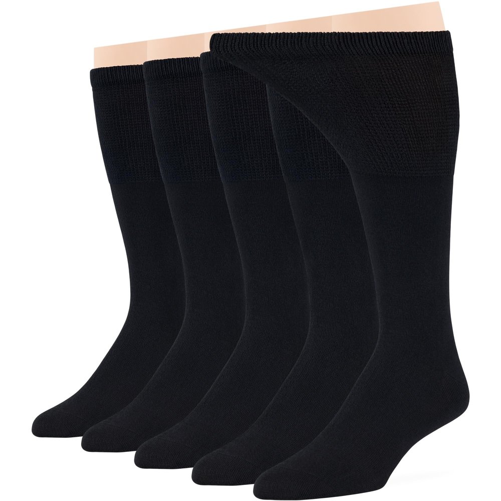 7BigStars Men Diabetic Seamless Dress Business Cotton Mid Calf Socks - 5 Pack Big Tall - Solid Casual - Sock Size 13-15 Shoe Size 12-15 XL Black